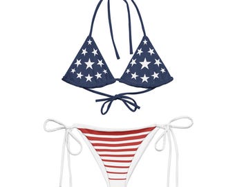 American Flag Bikini Set, String Bikini Swimsuit, Patriotic Swimwear, Retro Bikini, Red White Blue Sun Bathing, USA Flag, Stars and Stripes