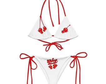Cherry Bomber Bikini: Red & White Spaghetti Strap Swimsuit, Removable Padding