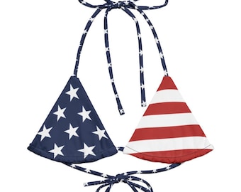 USA Flag Bikini Top - American Flag – USA Patriotic Spaghetti Strap Swimsuit with White Stars on Blue, Perfect for 4th of July & Beach Days