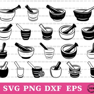 Mortier et pilon SVG, vecteur de mortier et pilon, Silhouette, fichier Cricut, Clipart, conception découpable, conceptions Png, Dxf et Eps.