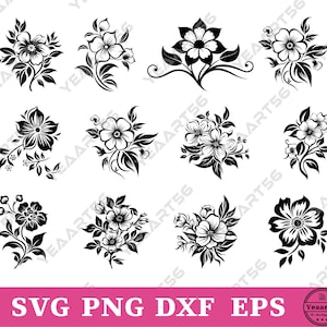 Floral SVG Bundle | Black Flower Silhouette Clipart | Line Art Flowers for Cricut & Sublimation