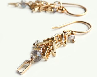 Del Mar Earrings with Faceted Labradorite and Geometric Matte Gold Details