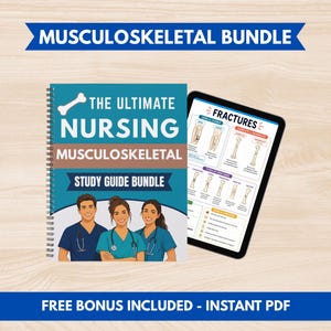 May include: A spiral-bound study guide titled The Ultimate Nursing Musculoskeletal Study Guide Bundle featuring three medical professionals in scrubs, alongside a tablet displaying a chart about fractures with text and diagrams.