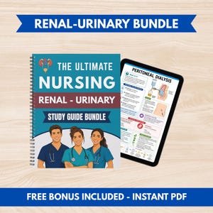 Pode incluir: Um guia de estudo encadernado em espiral intitulado The Ultimate Nursing Renal-Urinary Study Guide Bundle com uma ilustração de três profissionais médicos, ao lado de um tablet exibindo um infográfico de diálise peritoneal com texto.