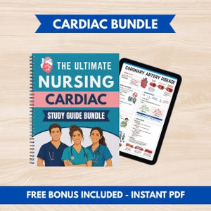 Peut inclure: Un guide d'étude à spirales intitulé The Ultimate Nursing Cardiac Study Guide Bundle avec une couverture bleue illustrée de trois professionnels de santé et d'un cœur, à côté d'une tablette affichant une fiche sur la maladie coronarienne.