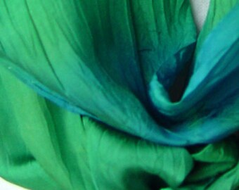 Hand Dyed Silk Scarf - "Twisted" Greens and blues -  hand painted in shades of Emerald green and sky blue with a unique texture gift idea