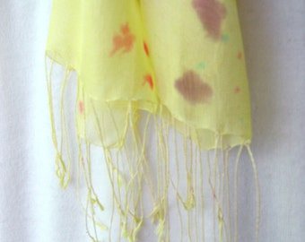 Hand Painted Silk Scarf Yellow Gauze light weight silk painted yellow with many spots of others looks great combined with others