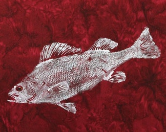 Original Perch GYOTAKU Fish Rubbing Art on Deep Rich Red Cloth Lake House Fishing Cottage Decor by Barry Singer