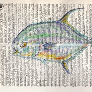 May include: Watercolor illustration of a fish on a vintage dictionary page. The fish is primarily blue, green, and yellow, with detailed fins and scales. The background is a faded dictionary page with visible text.