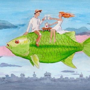May include: A watercolor illustration depicting a large green fish flying through a blue and pink sky above a town silhouette. Two figures sit on the fish's back at a small table, holding white mugs, with a teapot featuring a red heart design.