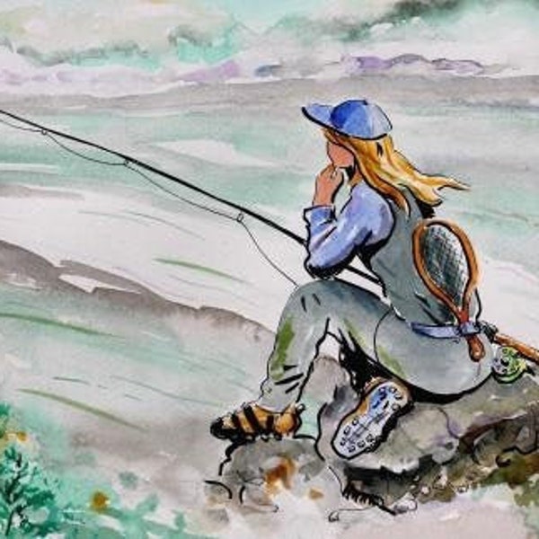 Peaceful streams fly fishing Sisters watercolor painting Blonde Hair art print by Barry Singer