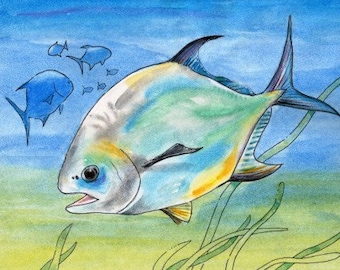 Permit fish Watercolor Painting Art Print fisherman gift Coastal Condo Beach House Decor Art by Barry Singer