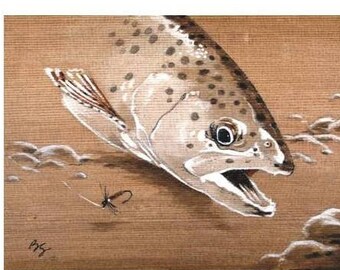 Cedar Flyfishing Trout Painting 8X10 fish art print Cottage Decor by Barry Singer Fly Fisherman Gift