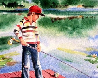 First time Fishing 8X10 watercolor Art print by Barry Singer Young Boy fishing on a red dock Cottage Decor