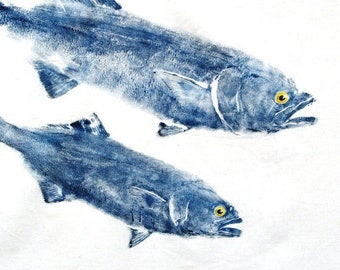 Large Size GYOTAKU fish Rubbing Two Bluefish 11&quot; X 14&quot; Beach House Decor Fisherman Gift Quality Saltwater Art Print by Barry Singer