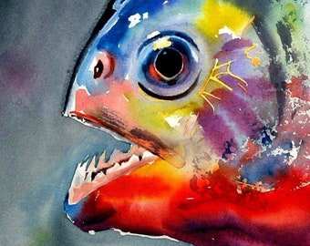 Piranha Head Tropical Fish Watercolor 8 X 10 Art print Jungle River and Beach Decor by Barry Singer