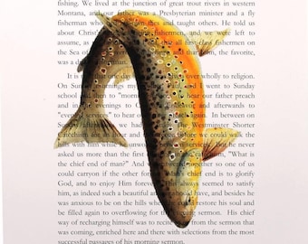 A River Runs through It The first page Norman Maclean 8"X10" Brown Trout Art Print Great fly fishing gift for Dad