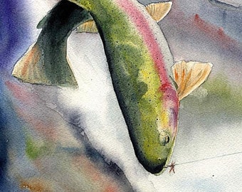 Rainbow Trout Fly Fishing Watercolor fish art print Cottage Lake and Stream House Decor Fisherman Gift by Barry Singer