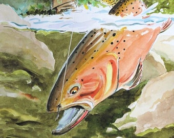 Cutthroat Trout and fly Fisherman 11 X 14 Watercolor Art Print Signed by Barry Singer