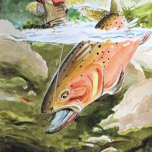 May include: A watercolor painting of a fisherman casting a line into a river. A large trout with orange and brown spots is jumping out of the water, taking the bait. The fish is in focus, while the fisherman is blurred in the background.