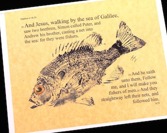 Fishers of men Bible Passage Art... 8 1/2 X11  Cottage Decor GYOTAKU Fish Art Rubbing Art Print Gift for the Clergy