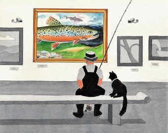 A Trip to the Museum by Barry Singer 8" X 10" Trout Fly Fisherman Cat Art Print Fishing Guide gift