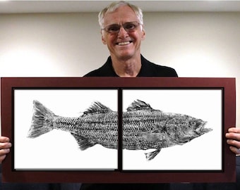 Large Size Black and White GYOTAKU fish Rubbing 2 Striped Bass Art Prints head & tail 11&quot;X14&quot; Fisherman Gift quality Salt Water Art Print