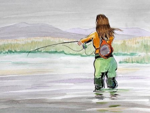 Peaceful Streams Fly Fishing Sisters Watercolor Painting Brunette