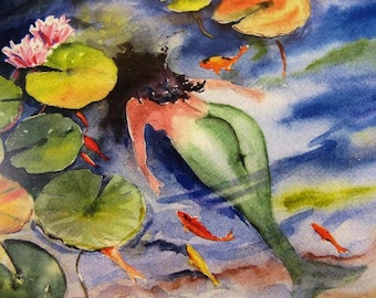 Watercolor Mermaid Koi Pond and Goldfish Art Print by Fish Artist Barry Singer 8X10