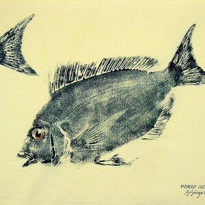 ORIGINAL Porgy or Scup Fish Art rubbing GYOTAKU on 16 X 20 cloth Fisherman gift Beach House art by Barry Singer image 1