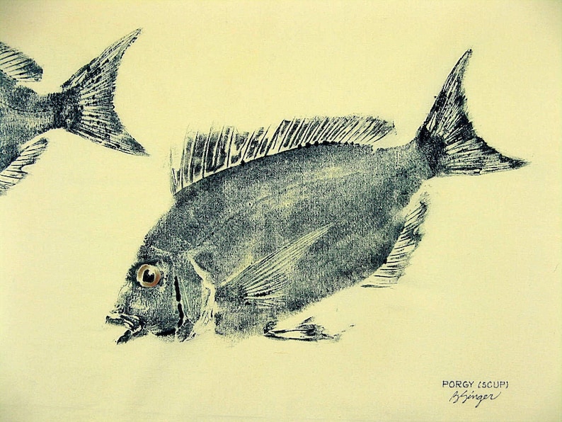 ORIGINAL Porgy or Scup Fish Art rubbing GYOTAKU on 16 X 20 cloth Fisherman gift by Barry Singer