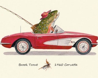 1960 Red Corvette Stingray and a Brook Trout going Fly Fishing 8 X 10 Art Print by Fish artist Barry Singer