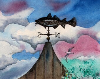 Cod Weather Vane Watercolor Painting fish Art Print 8.5X11 Cottage Lake House Fishing Decor Horizontal or vertical by Barry Singer