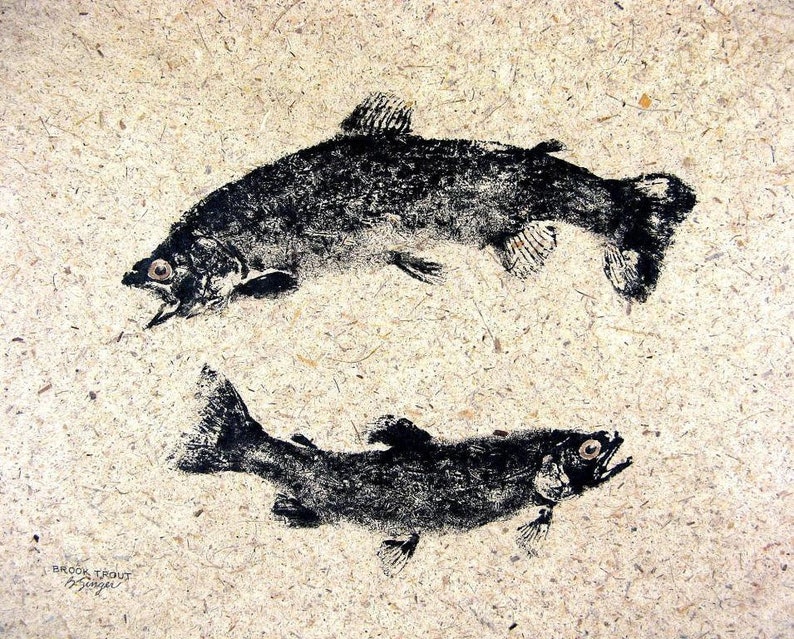 Gyotaku fish rubbings of two fish swimming in the opposite direction. Pisces