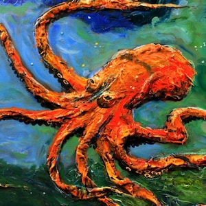 Octopus 8X10 Impasto Acrylic Style Painting Art print Beach Nautical Octopoda sea life Decor by Barry Singer