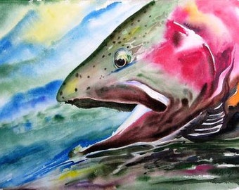 Rainbow Trout Watercolor Painting 8X10 fish art print Cottage Decor by Fishing artist Barry Singer Fly Fisherman Gift