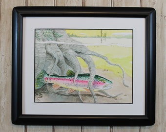 ORIGINAL Framed Rainbow Trout Watercolor Painting 9X11 Gift for the fly fisherman stream angler Hiding fish Art by Barry Singer