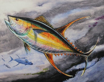 YellowfinTuna 8.5" X 11" Colorful Watercolor Art Print Beach Fish / Big Game Sport Fishing decor Fisherman gift by Barry Singer