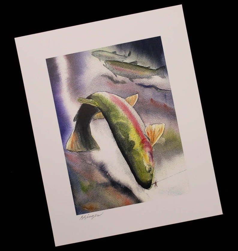 A watercolor illustration of a rainbow trout that has been hooked by a fly fisherman.