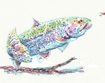 Tricked Trout Stream Doodle Line Drawing by Barry Singer 8" X 10" Fly Fisherman Art Print Fishing gift