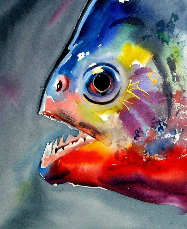 Piranha Head Razor Sharp Teeth Tropical Fish Watercolor 8 X 10 Art