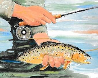 Brown Trout Fishing Release Watercolor 8X10 Art Print fly fishing Illustration by fish artist Barry Singer Fisherman Gift