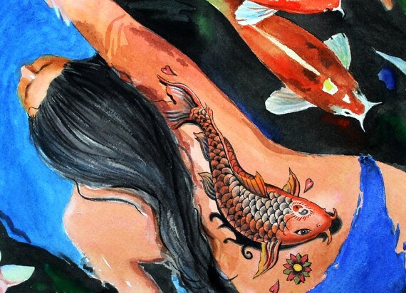 Koi Pond Woman Tattoo swimmer Watercolor Painting goldfish lily