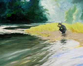 Fisherman Thinking Friend Painting 8 X 10 art print Cottage Decor Rainbow and Brook Trout Fish by Barry Singer