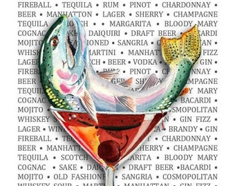 Trout and Manhattan Fish Bar art man Cave adult beverage Fly fisherman Gift 8 X 10 fishing Art print Watercolor Cocktail Painting