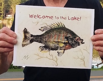 Welcome to the Lake Sign GYOTAKU fish Rubbing Colorful Sunfish 8X10 quality Art Print Bluegill Cottage Decor by artist Barry Singer