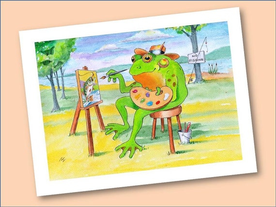 En Plein Air Bull Frog Artist 8X10 Art Print Watercolor Painting