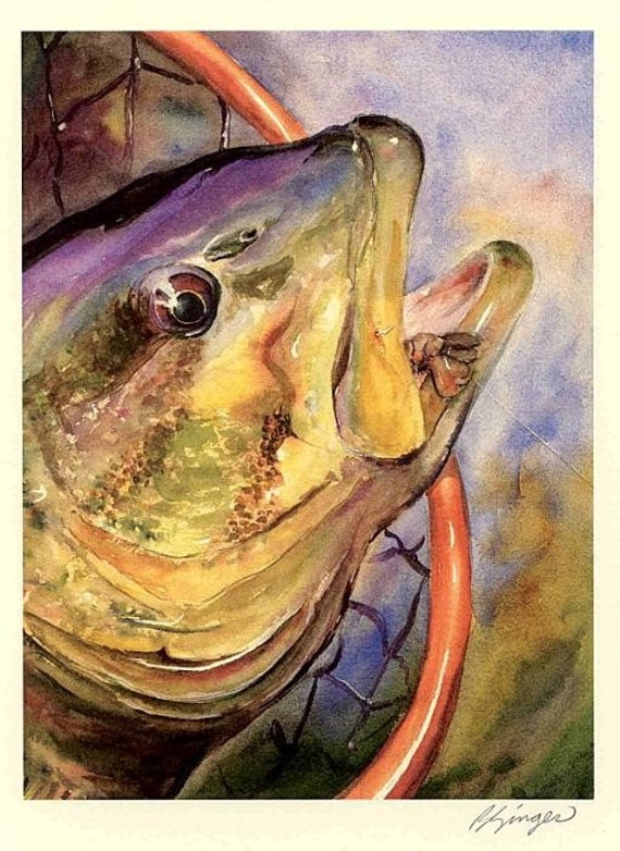 Large Mouth Bass and Net Watercolor Painting Art Print Fishing