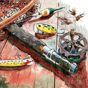 Old fly fishing rod and reel with Vintage lures and landing net Watercolor Art print Cottage Lake House décor by fish artist Barry Singer
