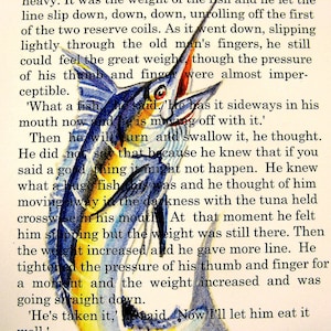 Ernest Hemingway Old Man and the Sea Blue Marlin 8&quot;X10&quot; Watercolor Art Print English Literature Student or teacher gift by Barry Singer